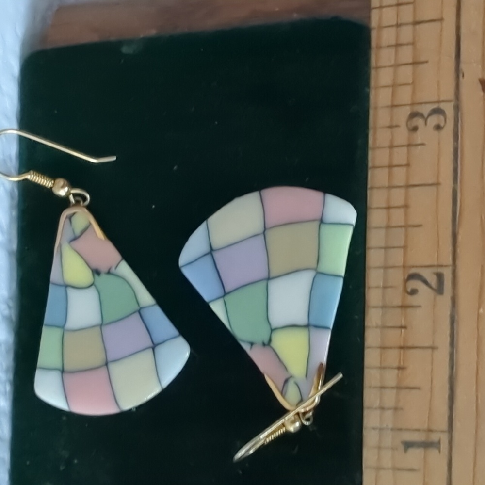 Pretty Ceramic Pastel Checkerboard Earrings - Picture 6 of 6